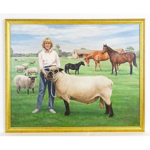 1688 - Diana Douglas Hamilton (1932-2019), Oil on canvas, A farm scene with a woman, sheep and horses / pon... 