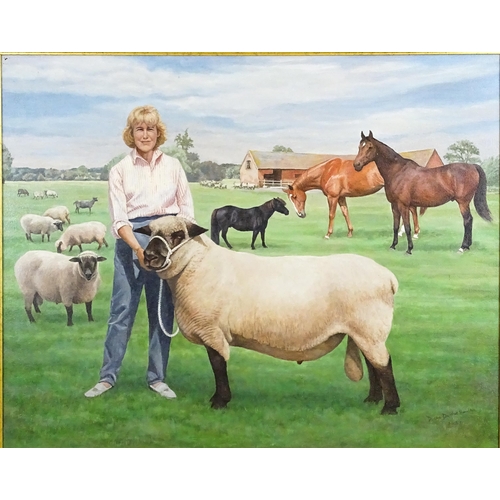 1688 - Diana Douglas Hamilton (1932-2019), Oil on canvas, A farm scene with a woman, sheep and horses / pon... 