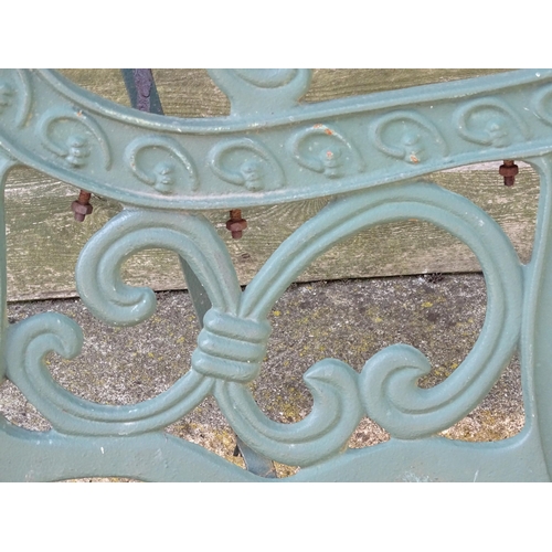 817 - Garden / Architectural : Four cast iron bench frame ends, with scroll decoration and green painted f... 