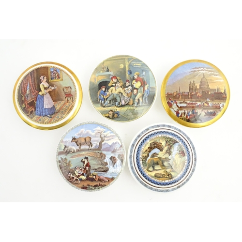 220 - Five Coalport limited edition pot lids after Prattware examples to include The Maid Servant, St Paul... 