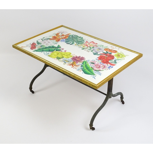 1614 - Sidney Roy Chapman Alderson : A mid century coffee table with a floral and foliate top signed Roy Al... 