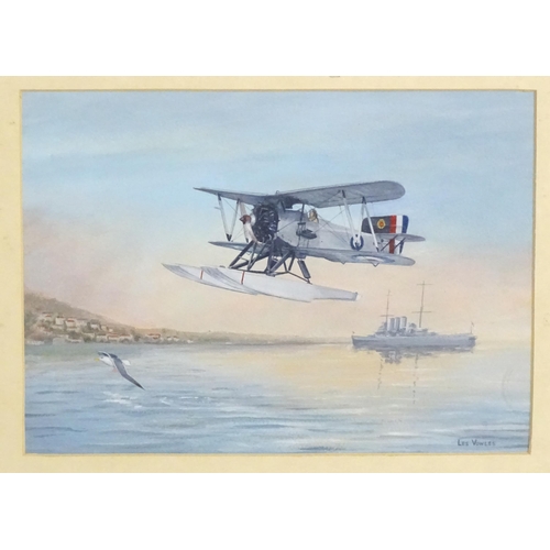 1928 - Les Vowles (b. 1929), Watercolour, A Fairey Flycatcher in flight and a ship at sea. Signed lower rig... 