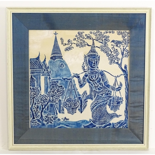 1939 - Thai School, Woodblock print / rubbing, Temple and dancing deity. Approx. 17 1/4