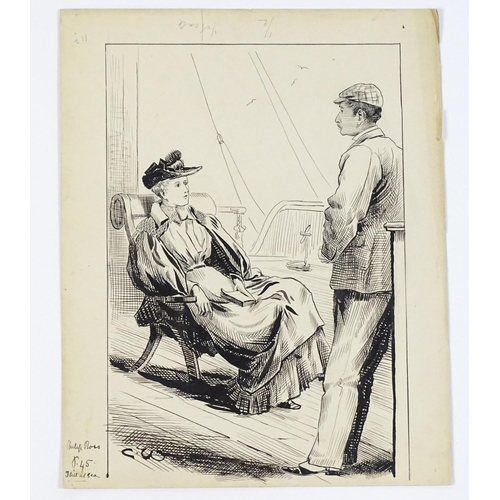 1943 - Charles Whymper (1853-1941), Pen and ink, A lady and a gentleman on the deck of a boat. Signed with ... 