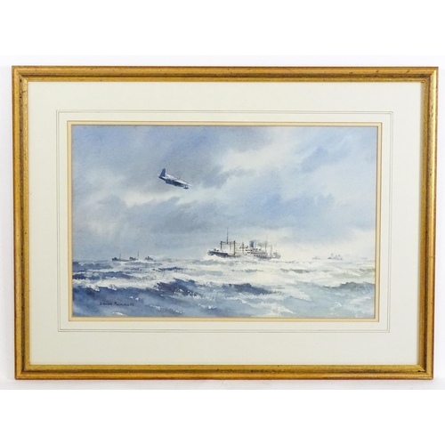 1860 - Denis Pannett, Watercolour, Convoy Patrol Short Sunderland over the sea with ships. Signed lower lef... 