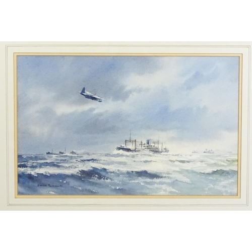 1860 - Denis Pannett, Watercolour, Convoy Patrol Short Sunderland over the sea with ships. Signed lower lef... 