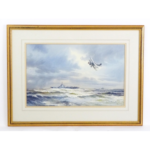 1861 - Denis Pannett, Watercolour, Fairey Albacore biplane torpedo bomber at Sea. Signed lower right and as... 