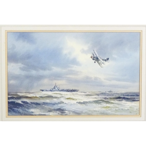 1861 - Denis Pannett, Watercolour, Fairey Albacore biplane torpedo bomber at Sea. Signed lower right and as... 