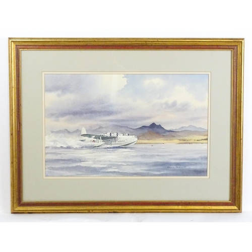 1862 - Denis Pannett, Watercolour, Sunderland Touch Down, A Sunderland flying boat landing on water. Signed... 