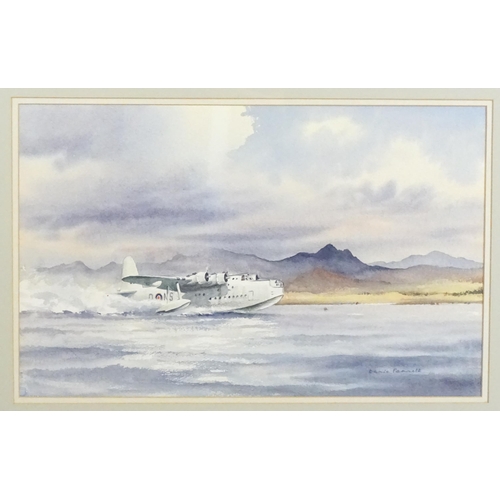 1862 - Denis Pannett, Watercolour, Sunderland Touch Down, A Sunderland flying boat landing on water. Signed... 