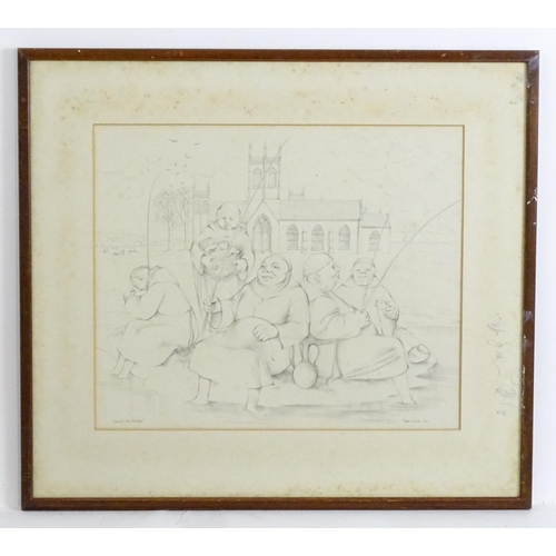 1890 - Peter Waite, 20th century, Pencil sketch, Food of the Monks, Five monks fishing before a church. Sig... 