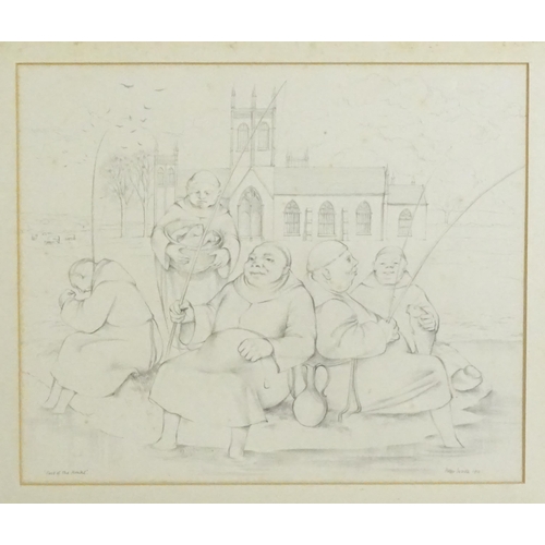 1890 - Peter Waite, 20th century, Pencil sketch, Food of the Monks, Five monks fishing before a church. Sig... 