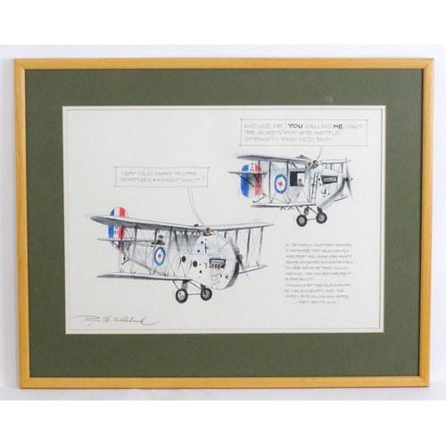 1891 - Roger Middlebrook, Pen and ink, A Little Light Relief Blackburn R1 & Avro Bison, A humorous sketch o... 