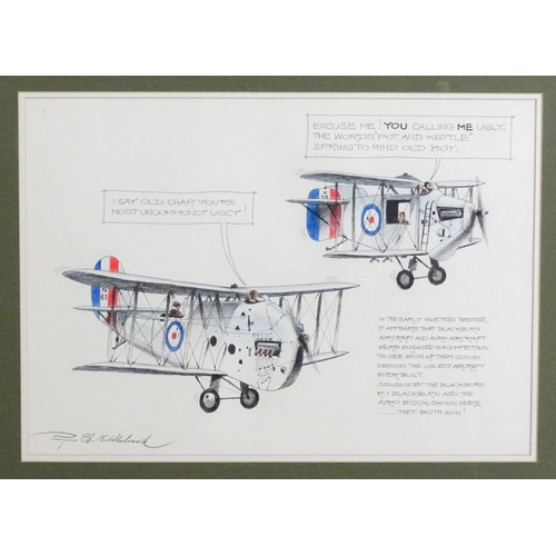 1891 - Roger Middlebrook, Pen and ink, A Little Light Relief Blackburn R1 & Avro Bison, A humorous sketch o... 