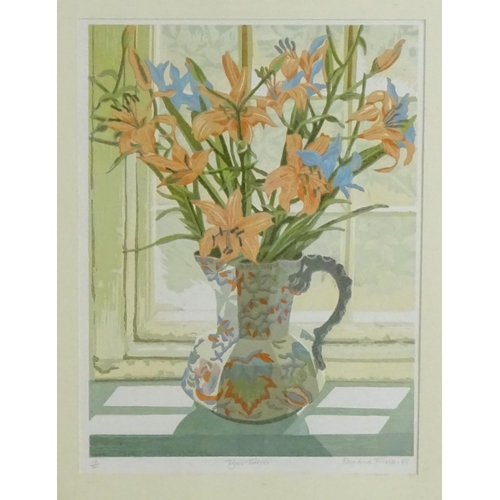 1901 - Rosalind Forster (b. 1948), Limited edition lithograph, Tiger Lilies. A windowsill with a jug of flo... 