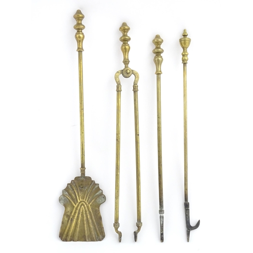 1657 - Four 19thC brass fire tools, comprising shovel, poker, tongs and hook. The largest approx 25