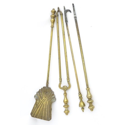 1657 - Four 19thC brass fire tools, comprising shovel, poker, tongs and hook. The largest approx 25