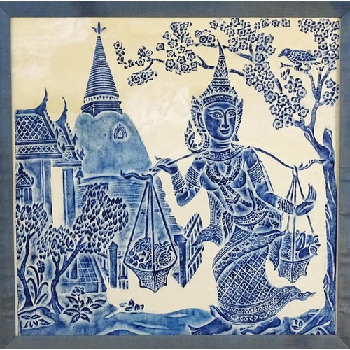 1939 - Thai School, Woodblock print / rubbing, Temple and dancing deity. Approx. 17 1/4