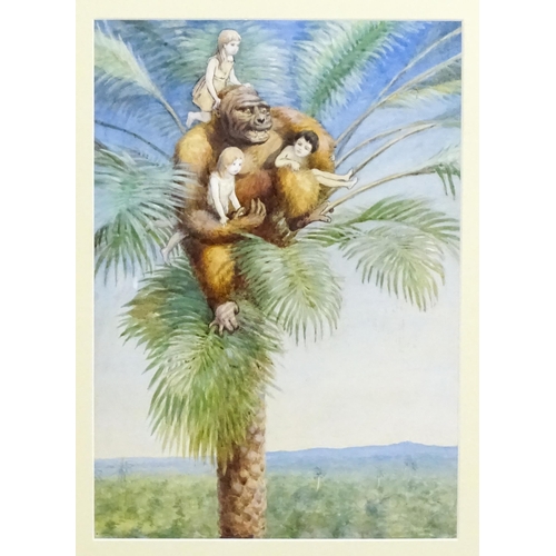 48 - Ethel H. Badcock, 20th century, Watercolour, A gorilla with three children in a palm tree. Approx. 1... 