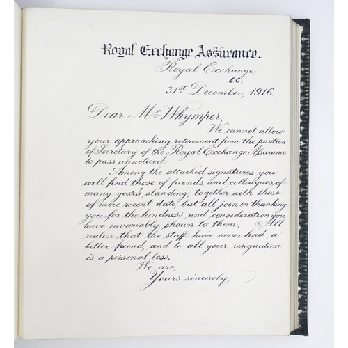 66 - Book: A 1916 Royal Exchange Assurance presentation log of workers presented to Mr W. N. Whymper as a... 