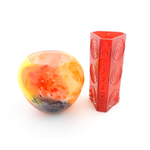 69 - A red Dartington crystal vase together with an Art Glass bowl in orange yellow and black. Largest ap... 