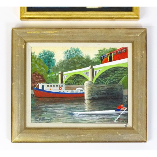 71 - Edward Vulliamy, 20th century, Oil on canvas board, Two bridge scenes, one with a boat, rower and bu... 