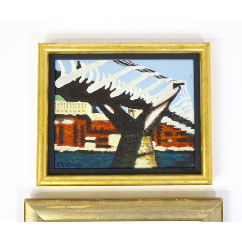 71 - Edward Vulliamy, 20th century, Oil on canvas board, Two bridge scenes, one with a boat, rower and bu... 