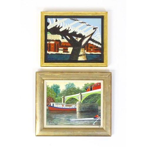 71 - Edward Vulliamy, 20th century, Oil on canvas board, Two bridge scenes, one with a boat, rower and bu... 