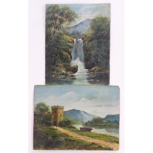 808 - Early 20th century, English School, Oil on card, Two mountain landscapes, one a river landscape with... 