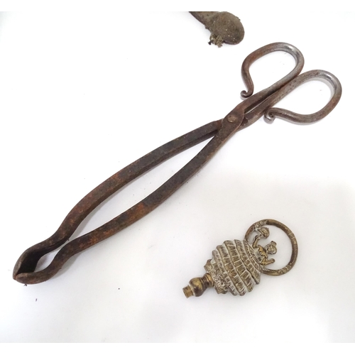 795 - A wrought iron fire tool set, comprising tongs, poker and stand, together with a brass toasting fork... 