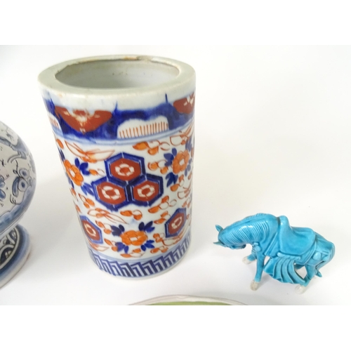 797 - A quantity of assorted ceramics to include a Portuguese blue and white bottle vase with stopper, an ... 