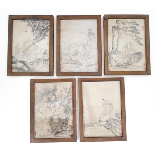 89 - Five Chinese prints after Shitao depicting figures in a landscape. Each approx. 11 1/4