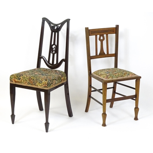 25 - An early 20thC mahogany side chair with satinwood crossbanding. Together with an Art Nouveau side ch... 