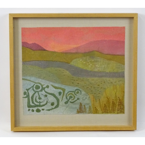 849 - A fabric painting river landscape with embroidered detail, by Pamela Waite titled Borderland V. Ascr... 