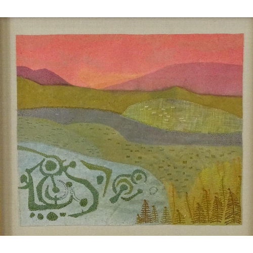 849 - A fabric painting river landscape with embroidered detail, by Pamela Waite titled Borderland V. Ascr... 