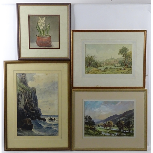 24 - Four paintings to include a watercolour seascape signed R. Montgomery, a pastel valley landscape sig... 