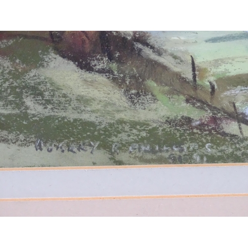 24 - Four paintings to include a watercolour seascape signed R. Montgomery, a pastel valley landscape sig... 