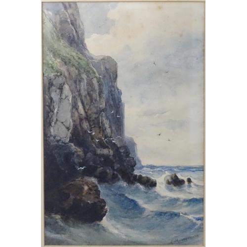 24 - Four paintings to include a watercolour seascape signed R. Montgomery, a pastel valley landscape sig... 