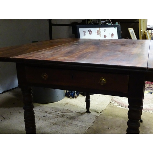 26 - A 19thC mahogany Pembroke table with single drawer, standing on four turned legs, the top approx 44