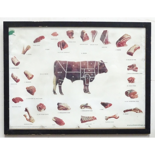 29 - A River Cottage livestock / butchery diagram poster depicting a Shorthorn bullock , sectionalised wi... 