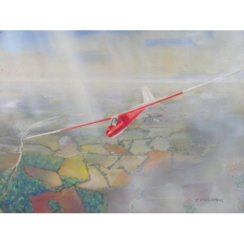 36 - A 20th century watercolour depicting a glider in flight over a patchwork of fields. Signed C. V. Mis... 