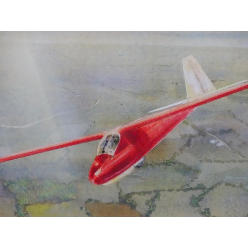 36 - A 20th century watercolour depicting a glider in flight over a patchwork of fields. Signed C. V. Mis... 