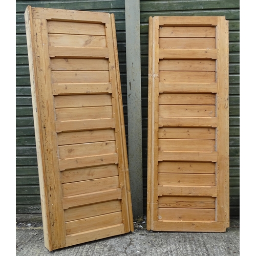 75 - Two early 20thC pitch pine church nave panels, one with inset shelf , each approx 86