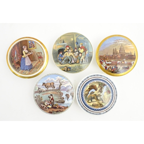 146 - Five Coalport limited edition pot lids after Prattware examples to include The Maid Servant, St Paul... 