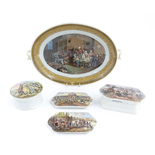 148 - Three shaped pot lids, one depicting Crystal Palace, and two after Philips Wouwerman. Together with ... 