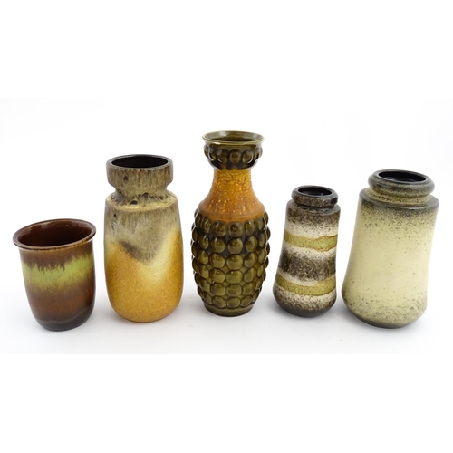 180 - Five West German vases to include a Bay example with bubble detail, a tapering vase with banded deta... 