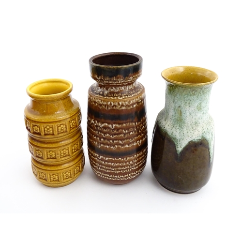 184 - Three West German vases to include a Scheurich ochre glazed vase with banded relief floral decoratio... 