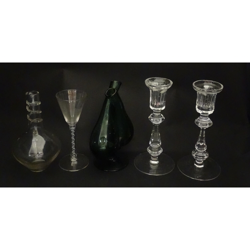 252 - Assorted glass items to include a pair of cut glass candlesticks, a green glass oil and vinegar bott... 