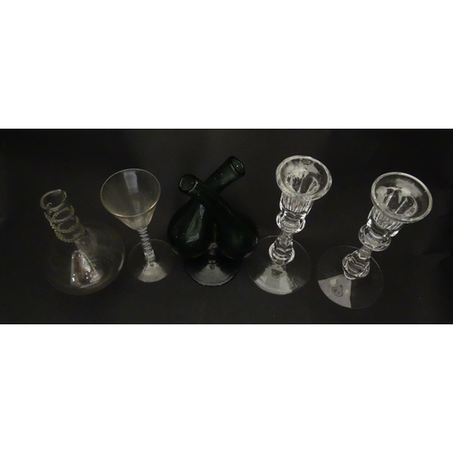 252 - Assorted glass items to include a pair of cut glass candlesticks, a green glass oil and vinegar bott... 