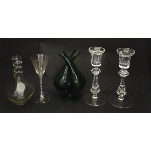 252 - Assorted glass items to include a pair of cut glass candlesticks, a green glass oil and vinegar bott... 